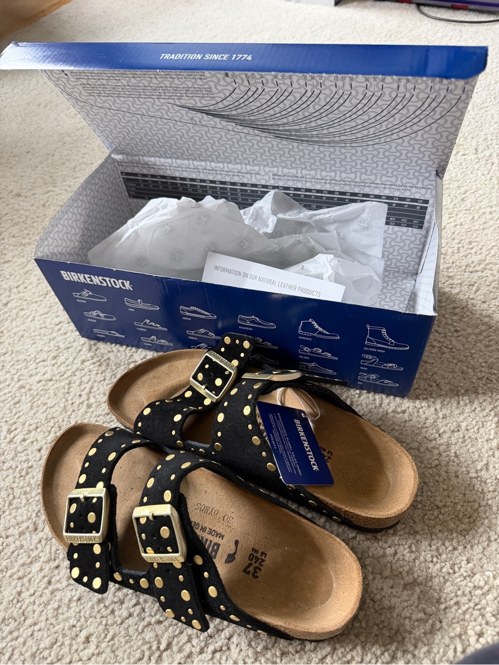 New Birkenstock Arizona Suede Sandals in Black with Golden Mental Pins